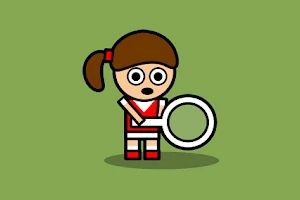 茶色の髪をした赤い服のキャラクターが、大きな虫眼鏡を持って立っているシンプルなイラスト。