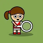 茶色の髪をした赤い服のキャラクターが、大きな虫眼鏡を持って立っているシンプルなイラスト。