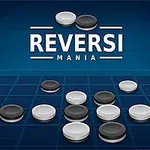 青い背景に黒と白の石が並べられたグリッドボードと、「REVERSI MANIA」の文字。