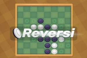 緑のボード上に白と黒の石が置かれており、「Reversi」というテキストが中央に表示されている。