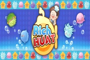 青い背景に、キャラクターと泡が浮かぶアニメーションの海洋生物、中央に「Rich HUAT」の文字。