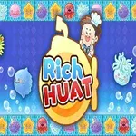 青い背景に、キャラクターと泡が浮かぶアニメーションの海洋生物、中央に「Rich HUAT」の文字。
