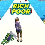 白い道の中央に帽子をかぶった人物が立ち、近くに現金の山があり、背景には青い水が広がっている。