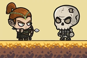 エルフのキャラクターが弓を構え、骸骨のキャラクターと対峙している。