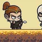 エルフのキャラクターが弓を構え、骸骨のキャラクターと対峙している。