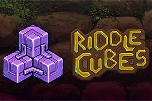 紫色の立方体のロゴと「RIDDLE CUBES」の文字が描かれたデザイン。