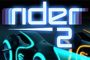 青とオレンジのネオンバイクと「rider 2」という文字が描かれたデジタルイラスト。