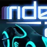 青とオレンジのネオンバイクと「rider 2」という文字が描かれたデジタルイラスト。