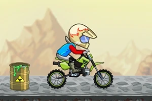 バイクに乗ったキャラクターが放射性マークのあるドラム缶の横を走っている。
