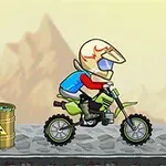 バイクに乗ったキャラクターが放射性マークのあるドラム缶の横を走っている。
