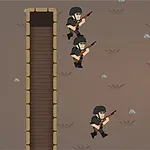 兵士のアニメキャラクターが地面に沿って整列し、ライフルを持っている。