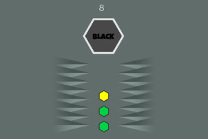 灰色の背景に、中央に「BLACK」と書かれた六角形があり、上下に三つの小さなカラー六角形と左右に鋭い形が並んでいる。