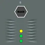 灰色の背景に、中央に「BLACK」と書かれた六角形があり、上下に三つの小さなカラー六角形と左右に鋭い形が並んでいる。