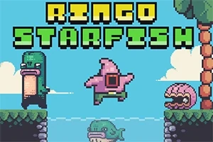 ピクセルアートスタイルで、中央にピンクのヒトデのキャラクターがジャンプしている様子が描かれ、背景には緑のトカゲと貝殻の敵キャラクターが配置されている。