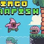 ピクセルアートスタイルで、中央にピンクのヒトデのキャラクターがジャンプしている様子が描かれ、背景には緑のトカゲと貝殻の敵キャラクターが配置されている。