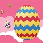 ピンクの背景に、カラフルなジグザグ模様の卵が浮かんでいる。