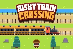 カラフルな列車が線路を走り、茶色の帽子をかぶったキャラクターが手前に立っている。