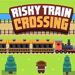 カラフルな列車が線路を走り、茶色の帽子をかぶったキャラクターが手前に立っている。