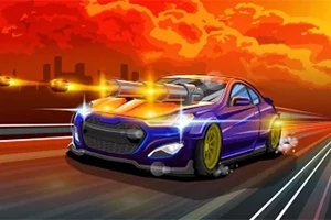 赤い空の下、砲台を備えた青いスポーツカーが道路を疾走しているイラスト。