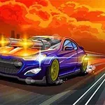 赤い空の下、砲台を備えた青いスポーツカーが道路を疾走しているイラスト。