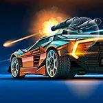 未来的な車が青い背景に描かれ、後ろから弾丸が発射されている。