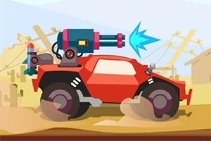 赤い車両に取り付けられた青いレーザー砲が砂漠の背景に描かれているイラスト。