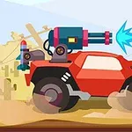 赤い車両に取り付けられた青いレーザー砲が砂漠の背景に描かれているイラスト。