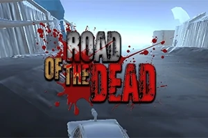 道路上に車と「ROAD OF THE DEAD」の血の滴るロゴが描かれた画像。