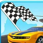 黄色い車が曲がりくねった道路を走行し、チェッカーフラッグが空に揺れているイラスト。