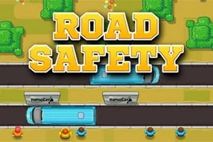 黄色の「ROAD SAFETY」というテキストが道路と車の上にあるドット絵風のイラスト。