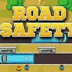 黄色の「ROAD SAFETY」というテキストが道路と車の上にあるドット絵風のイラスト。