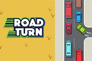 黄色の背景に「ROAD TURN」と書かれた文字と、右側にカラフルな車が走行している道路のイラスト。