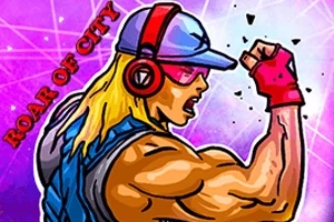 キャップとヘッドホンを身につけた筋肉質の人物が腕を振り上げているイラスト。