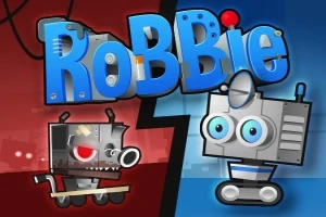 青と赤の背景に、2体のロボットキャラクターが中央の文字「Robbie」を挟んで対峙しているイラスト。