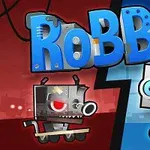 青と赤の背景に、2体のロボットキャラクターが中央の文字「Robbie」を挟んで対峙しているイラスト。