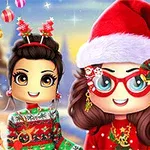 サンタ帽をかぶったキャラクターとクリスマスの装飾をしたキャラクターが笑顔で迎える冬の背景。