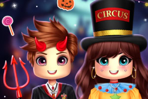 悪魔の角を持つ少年とサーカスの衣装を着た少女が楽しそうに並んでいるハロウィンのイラスト。