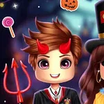 悪魔の角を持つ少年とサーカスの衣装を着た少女が楽しそうに並んでいるハロウィンのイラスト。