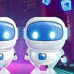2体の白いロボットが未来的な背景の中で青い光を放つキューブと共に立っている。