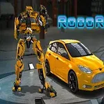 黄色の車と黄色のロボットが並んでいる工場のような場所の画像。