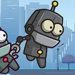 2体のカラフルなロボットが都市の背景の前で一緒に浮いている。