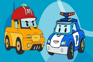 青い背景に、赤いヘルメットをかぶった黄色い工事車両と青いパトカーが描かれたイラスト。