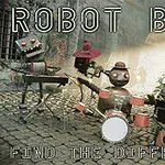 石畳の道で楽器を演奏する4体のロボット。