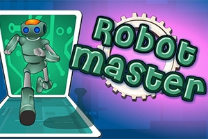 緑色のロボットがデジタル画面から飛び出し、紫の背景に「Robot Master」という文字がある。