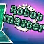 緑色のロボットがデジタル画面から飛び出し、紫の背景に「Robot Master」という文字がある。