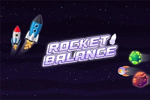 宇宙に浮かぶ青と赤のロケットと、様々な惑星が描かれたイラスト。
