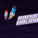 宇宙に浮かぶ青と赤のロケットと、様々な惑星が描かれたイラスト。