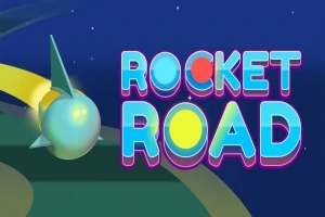 青い背景に黄色のロードを進む緑色のロケットとカラフルな文字。