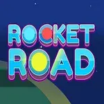 青い背景に黄色のロードを進む緑色のロケットとカラフルな文字。