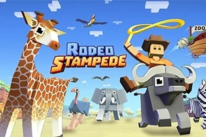 カウボーイのキャラクターがロープを持ってバッファローに乗り、多くの動物たちと一緒に走っている。